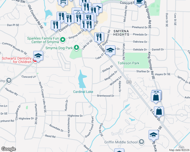 map of restaurants, bars, coffee shops, grocery stores, and more near 3619 Lake Drive Southeast in Smyrna