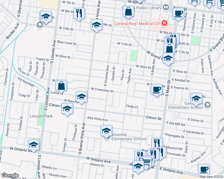 map of restaurants, bars, coffee shops, grocery stores, and more near 733 West Crestview Street in Corona