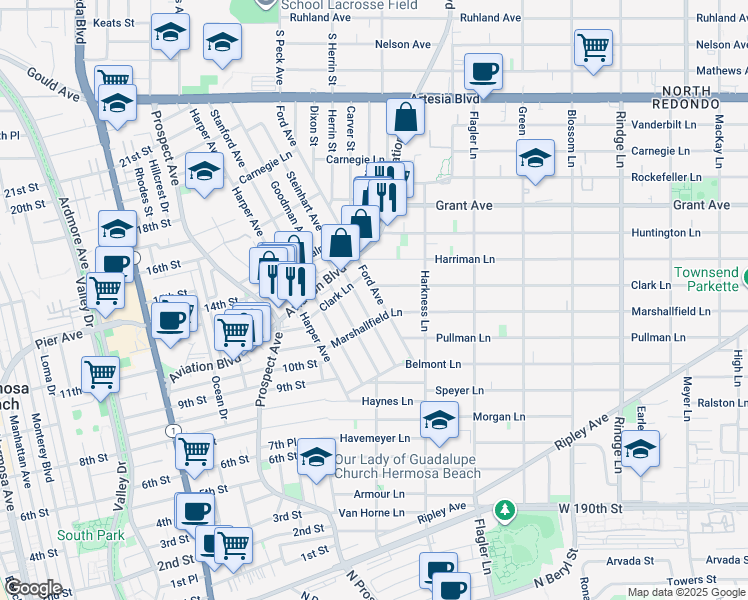 map of restaurants, bars, coffee shops, grocery stores, and more near 1209 Ford Avenue in Redondo Beach