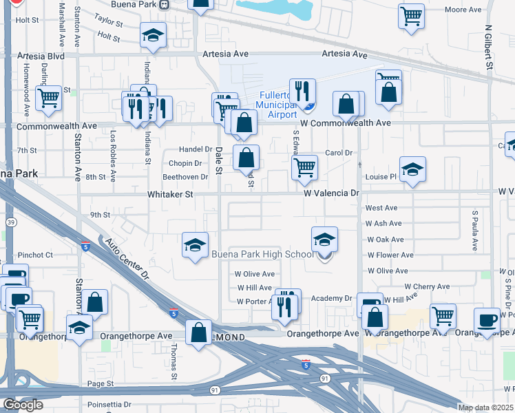 map of restaurants, bars, coffee shops, grocery stores, and more near 4201 Franklin Avenue in Fullerton