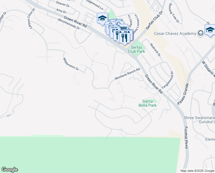 map of restaurants, bars, coffee shops, grocery stores, and more near 2715 Hidden Hills Way West in Corona