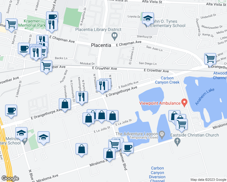 map of restaurants, bars, coffee shops, grocery stores, and more near 3160 East Radcliffe Avenue in Anaheim