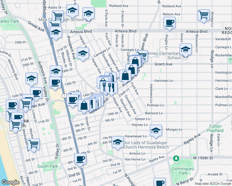 map of restaurants, bars, coffee shops, grocery stores, and more near 1212 Aviation Boulevard in Redondo Beach