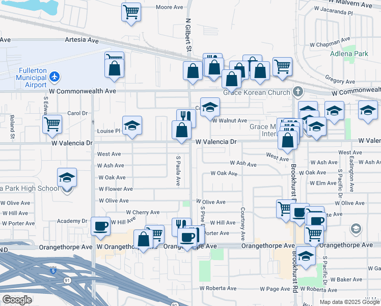 map of restaurants, bars, coffee shops, grocery stores, and more near West Avenue in Fullerton