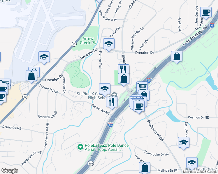map of restaurants, bars, coffee shops, grocery stores, and more near 2672 Frontier Trail in Chamblee