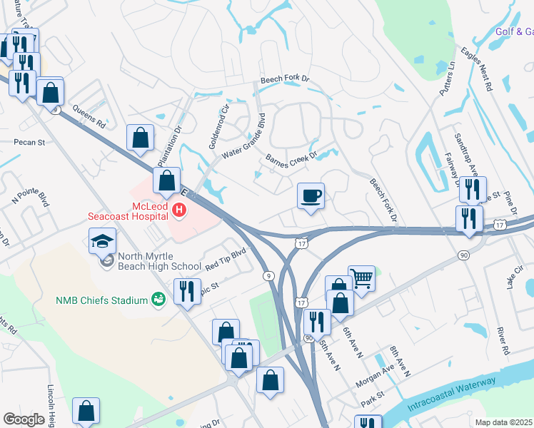 map of restaurants, bars, coffee shops, grocery stores, and more near 4251 Villas Drive in Little River