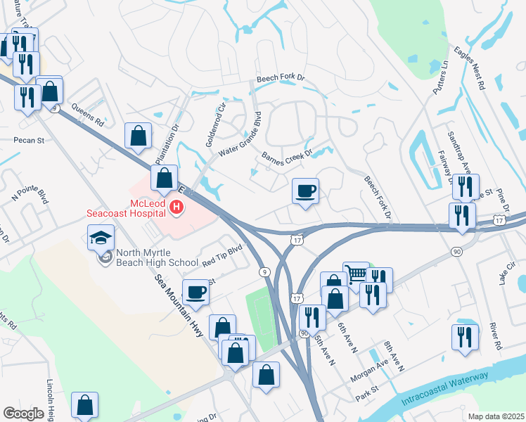 map of restaurants, bars, coffee shops, grocery stores, and more near 4251 Villas Drive in Little River