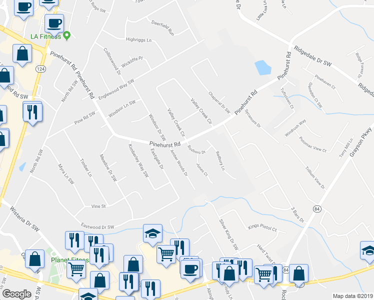 map of restaurants, bars, coffee shops, grocery stores, and more near 2290 Roxboro Drive in Snellville