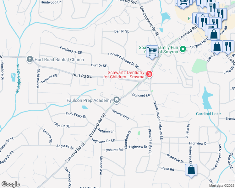map of restaurants, bars, coffee shops, grocery stores, and more near 1126 Berkley Drive Southeast in Smyrna