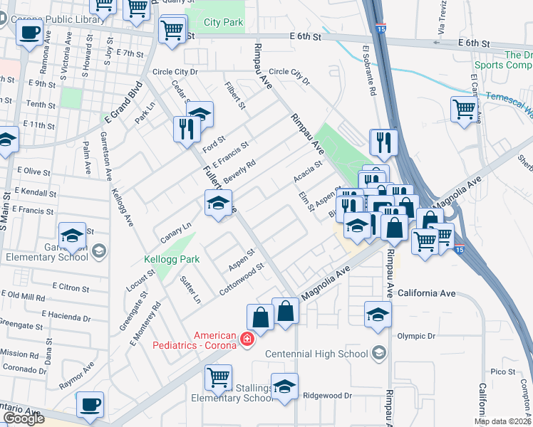 map of restaurants, bars, coffee shops, grocery stores, and more near 979 Redwood Court in Corona