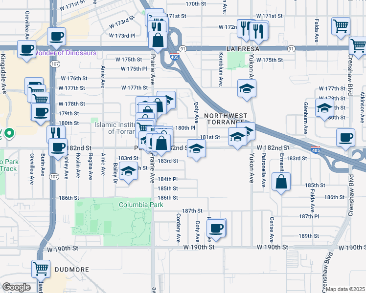 map of restaurants, bars, coffee shops, grocery stores, and more near 3839 West 182nd Street in Torrance
