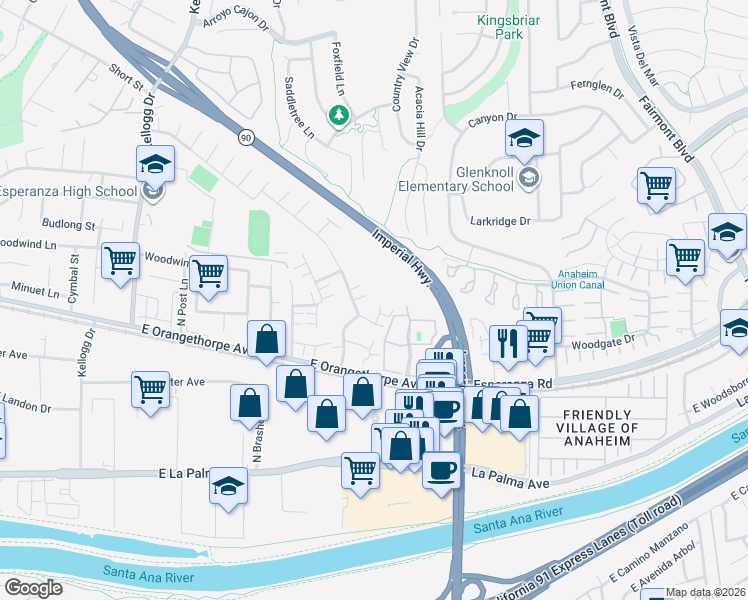 map of restaurants, bars, coffee shops, grocery stores, and more near 5497 East Willow Woods Lane in Anaheim