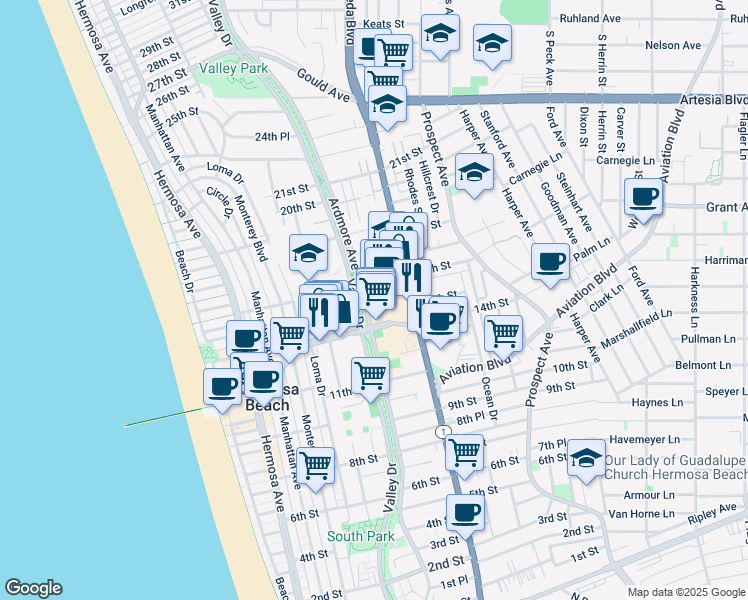 map of restaurants, bars, coffee shops, grocery stores, and more near 711 Pier Avenue in Hermosa Beach
