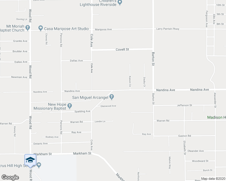 map of restaurants, bars, coffee shops, grocery stores, and more near Nandina Avenue in Riverside