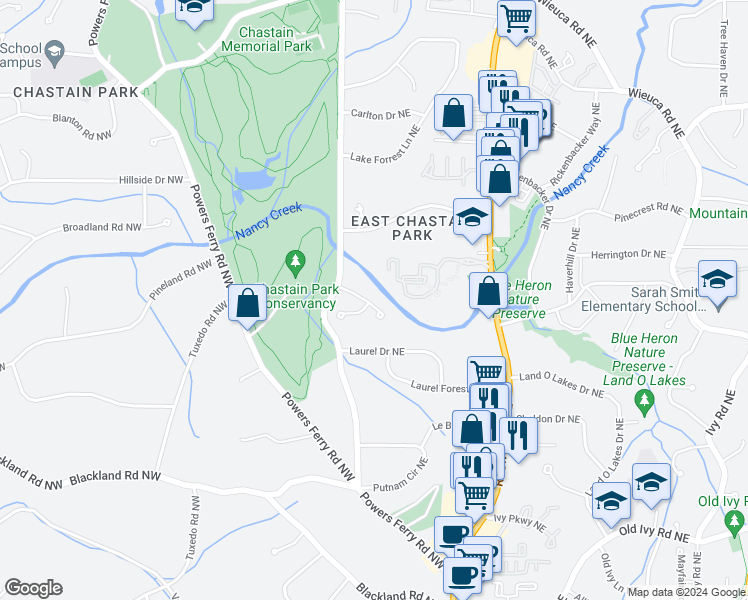 map of restaurants, bars, coffee shops, grocery stores, and more near 18 Rose Gate Drive Northeast in Atlanta