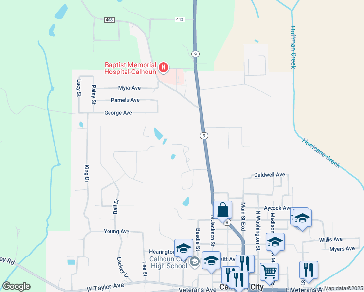 map of restaurants, bars, coffee shops, grocery stores, and more near 935 North Main Street in Calhoun City