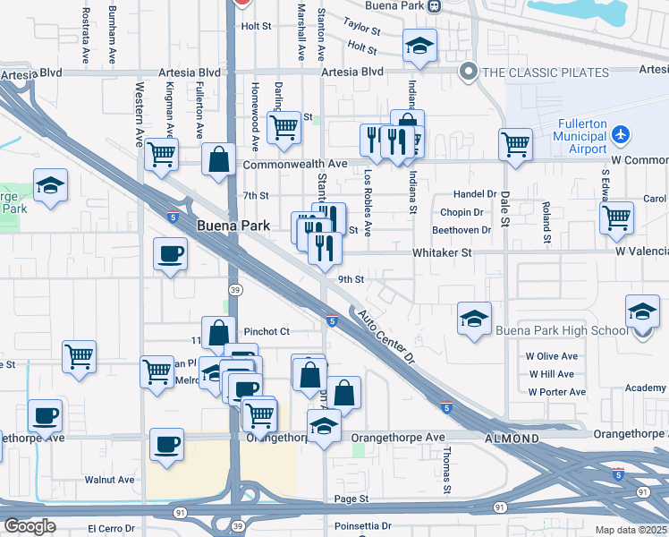 map of restaurants, bars, coffee shops, grocery stores, and more near 6522 Stanton Avenue in Buena Park