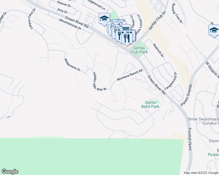 map of restaurants, bars, coffee shops, grocery stores, and more near 2715 Hidden Hills Way West in Corona
