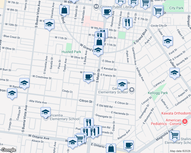 map of restaurants, bars, coffee shops, grocery stores, and more near 1508 South Main Street in Corona