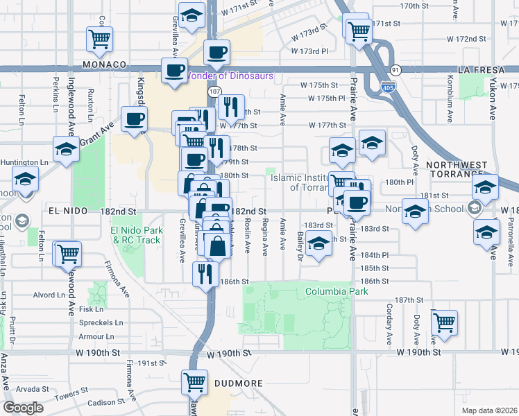 map of restaurants, bars, coffee shops, grocery stores, and more near 4261 West 182nd Street in Torrance