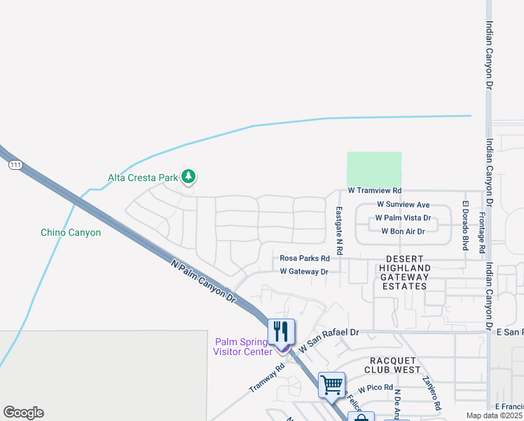 map of restaurants, bars, coffee shops, grocery stores, and more near 863 Alta Ridge in Palm Springs