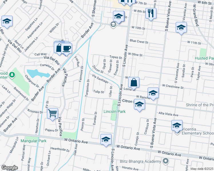 map of restaurants, bars, coffee shops, grocery stores, and more near 1130 Vía Santiago in Corona