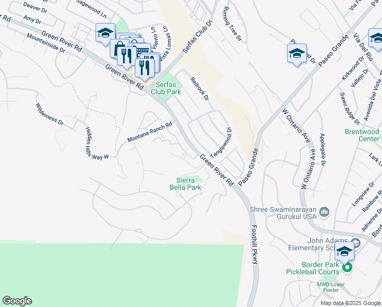 map of restaurants, bars, coffee shops, grocery stores, and more near 2325 Del Mar Way in Corona