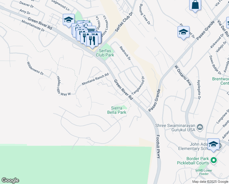 map of restaurants, bars, coffee shops, grocery stores, and more near 2325 Del Mar Way in Corona