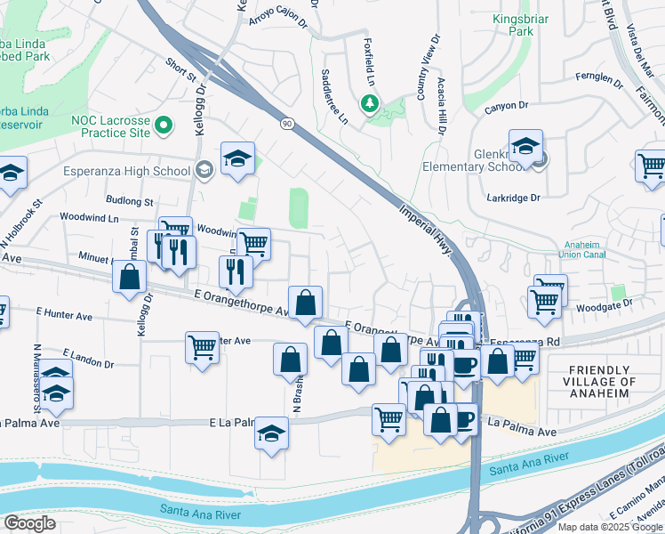 map of restaurants, bars, coffee shops, grocery stores, and more near 1741 Oak Knoll Drive in Anaheim