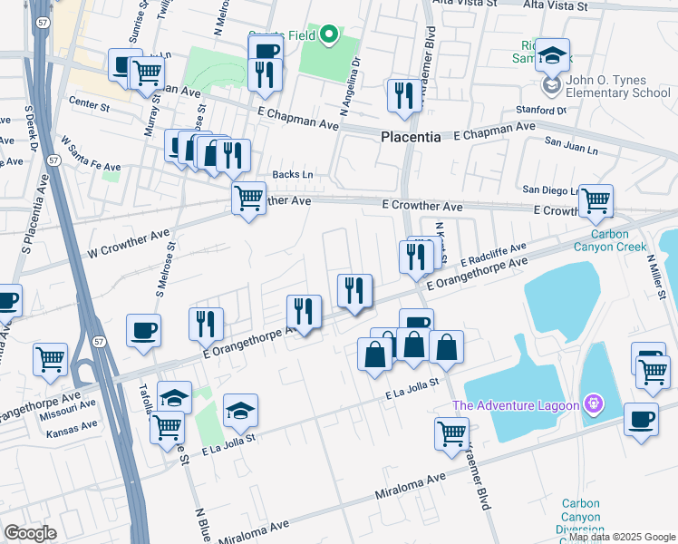 map of restaurants, bars, coffee shops, grocery stores, and more near 1725 North Partridge Street in Anaheim