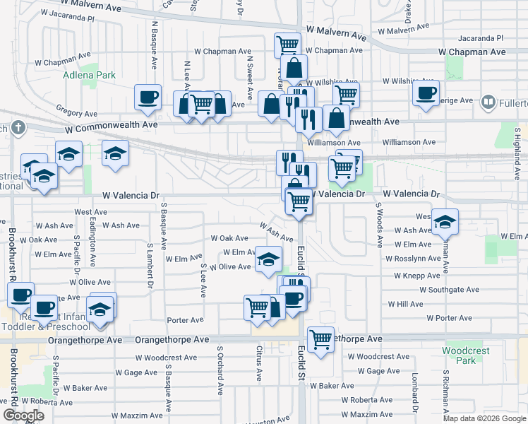 map of restaurants, bars, coffee shops, grocery stores, and more near 1100 South Citrus Avenue in Fullerton