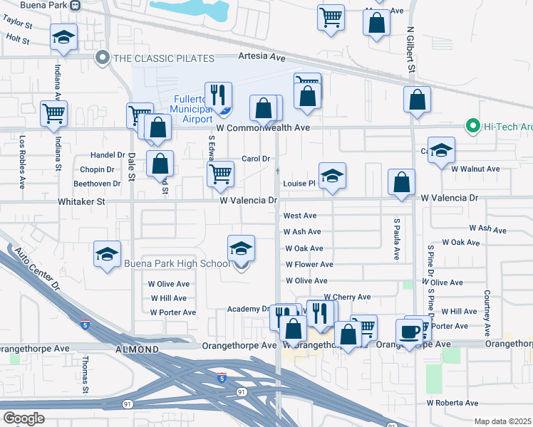 map of restaurants, bars, coffee shops, grocery stores, and more near 411 Magnolia Avenue in Fullerton