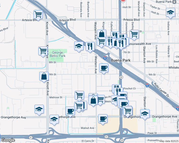 map of restaurants, bars, coffee shops, grocery stores, and more near 7425 9th Street in Buena Park