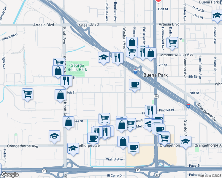 map of restaurants, bars, coffee shops, grocery stores, and more near 7341 9th Street in Buena Park