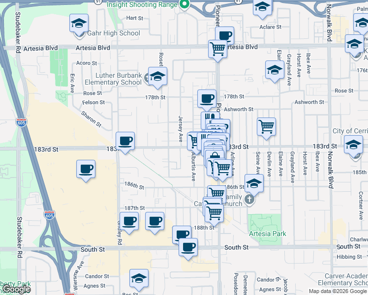 map of restaurants, bars, coffee shops, grocery stores, and more near 18346 Alburtis Avenue in Artesia