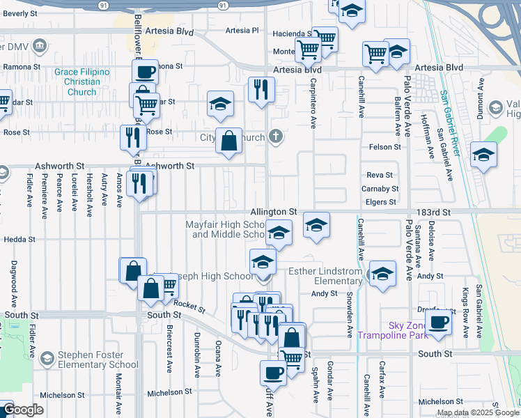 map of restaurants, bars, coffee shops, grocery stores, and more near 6045 Woodruff Avenue in Lakewood