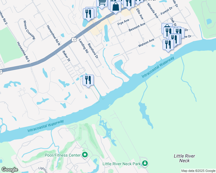 map of restaurants, bars, coffee shops, grocery stores, and more near 4537 Landing Road in Little River