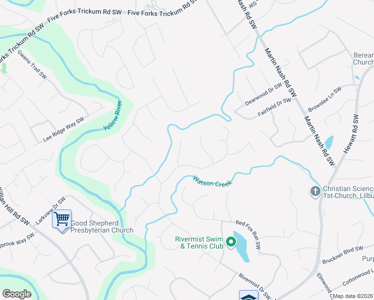 map of restaurants, bars, coffee shops, grocery stores, and more near 1372 Crooked Tree Court Southwest in Lilburn