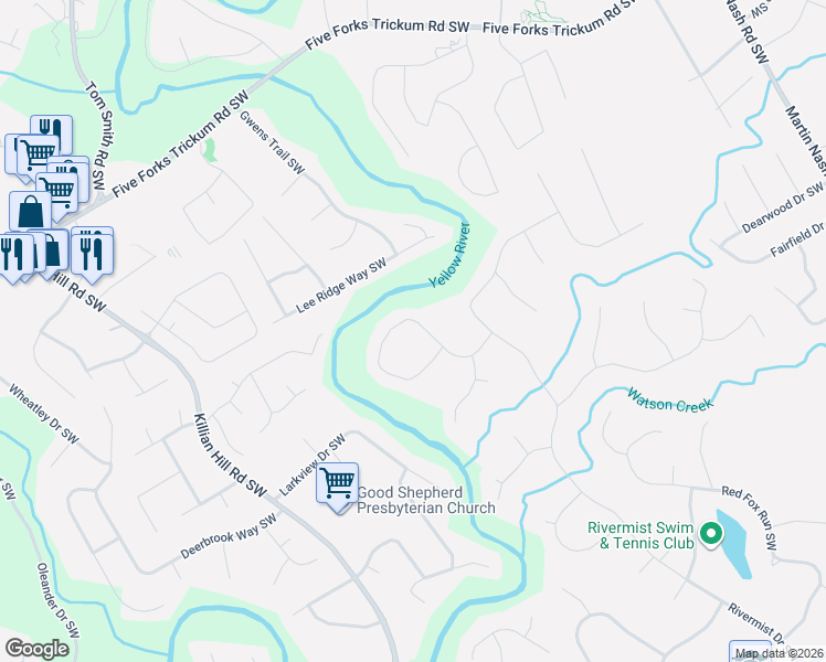map of restaurants, bars, coffee shops, grocery stores, and more near 3790 Windhurst Drive Southwest in Lilburn