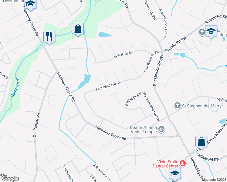 map of restaurants, bars, coffee shops, grocery stores, and more near 5533 North Wind Drive Southwest in Lilburn