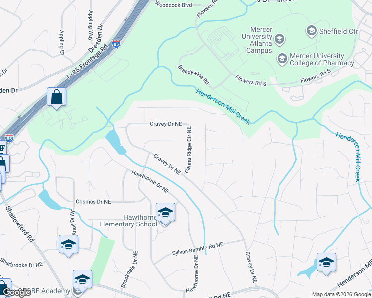 map of restaurants, bars, coffee shops, grocery stores, and more near 2692 Canna Ridge Circle Northeast in Atlanta