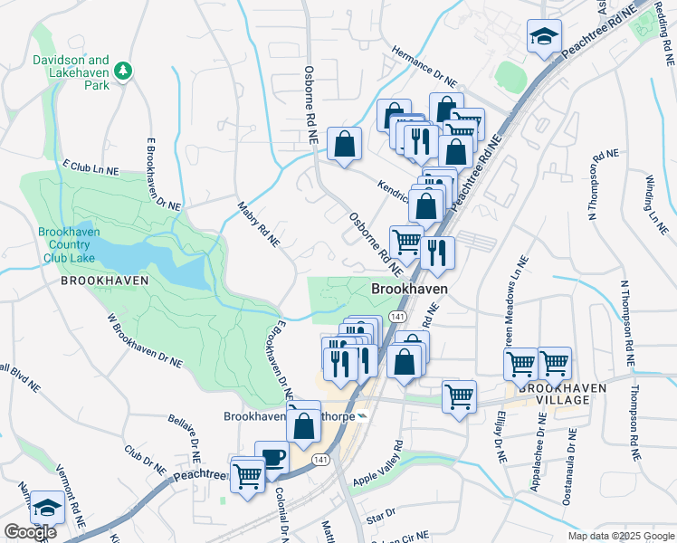 map of restaurants, bars, coffee shops, grocery stores, and more near 1180 Brookhaven Park Place Northeast in Atlanta