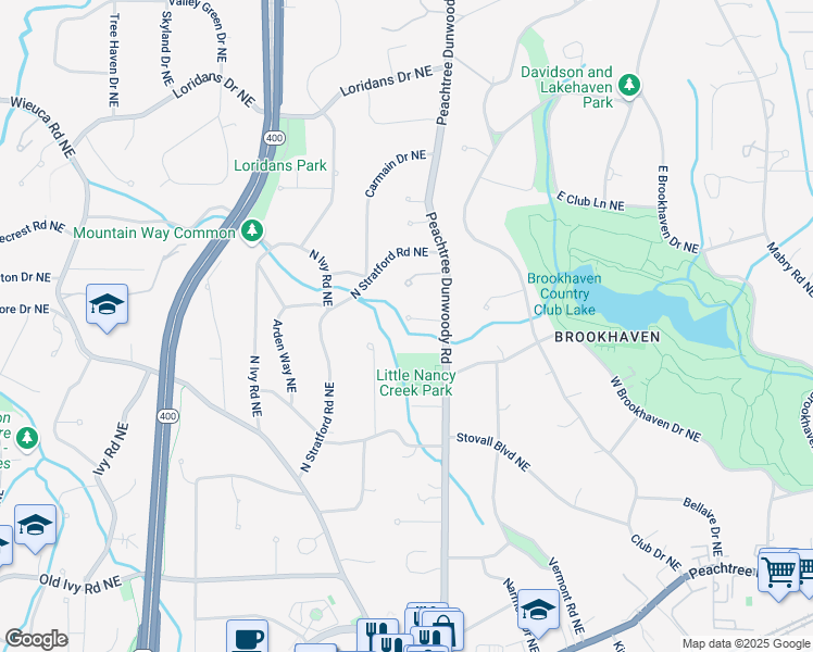 map of restaurants, bars, coffee shops, grocery stores, and more near 821 Camden Park Court in Atlanta