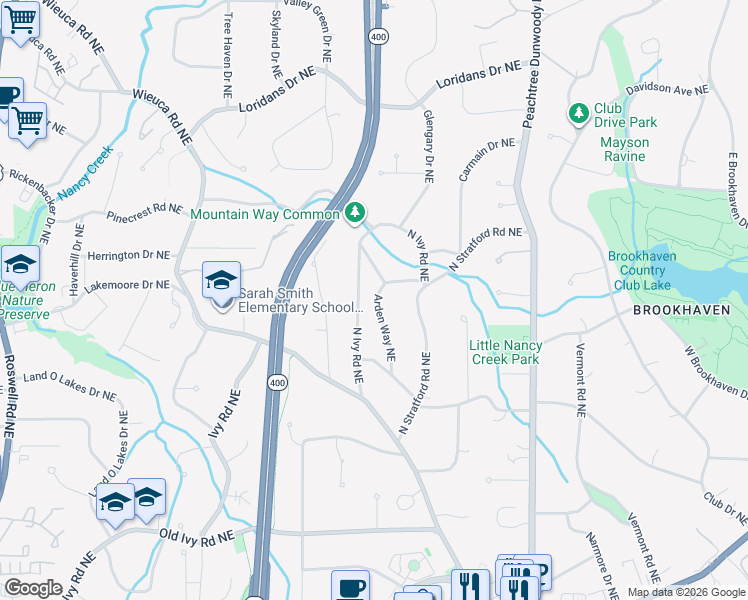 map of restaurants, bars, coffee shops, grocery stores, and more near 4037 Arden Way Northeast in Atlanta
