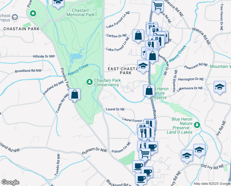 map of restaurants, bars, coffee shops, grocery stores, and more near 18 Rose Gate Drive Northeast in Atlanta
