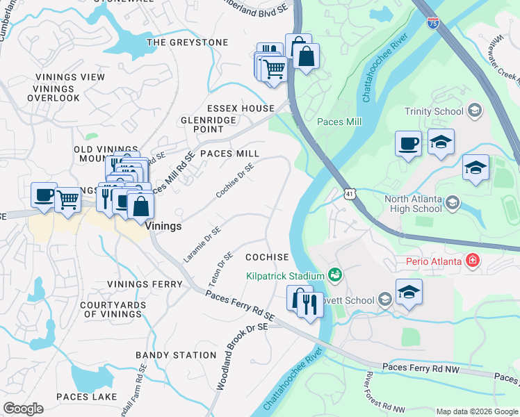 map of restaurants, bars, coffee shops, grocery stores, and more near 3275 Laramie Drive Southeast in Atlanta