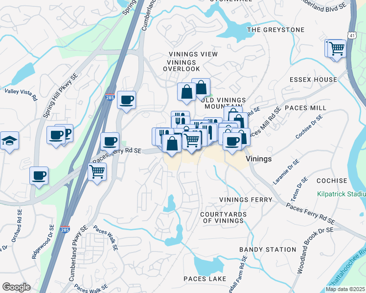 map of restaurants, bars, coffee shops, grocery stores, and more near 4000 Twin Lakes Drive in Atlanta