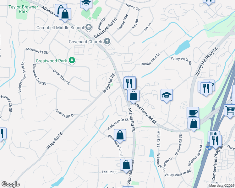 map of restaurants, bars, coffee shops, grocery stores, and more near 3428 Paces Ferry Circle Southeast in Smyrna