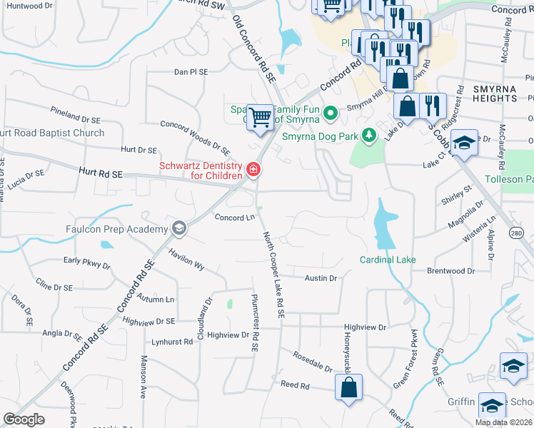 map of restaurants, bars, coffee shops, grocery stores, and more near 3625 North Cooper Lake Road Southeast in Smyrna