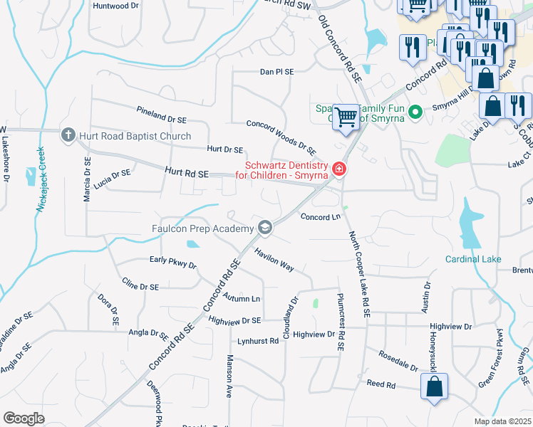 map of restaurants, bars, coffee shops, grocery stores, and more near 1126 Berkley Drive Southeast in Smyrna